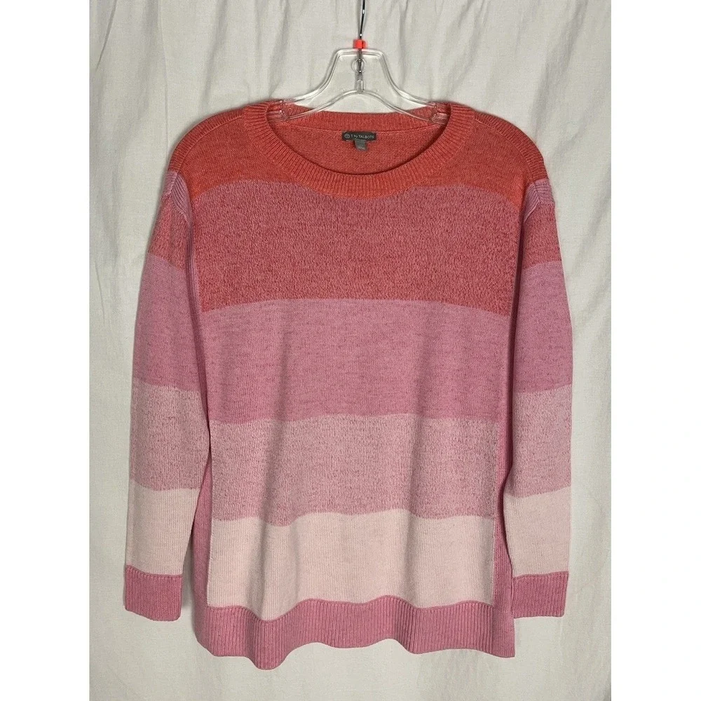 T‎ By Talbots Sweater Womens Size XS Orange Pink Ombre Stripe Cotton Pullover